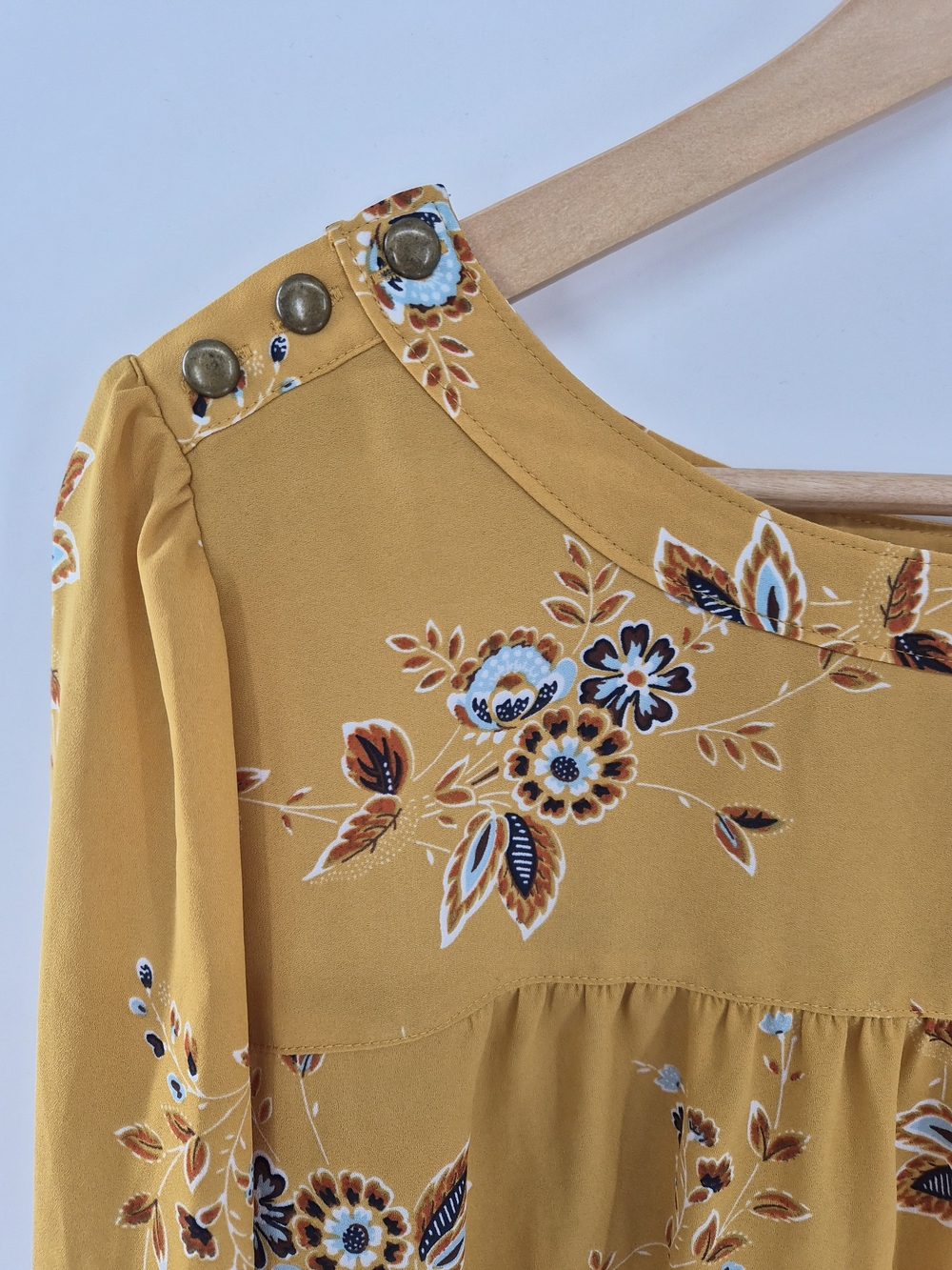 LOFT Mustard Floral Blouse L Boho Cottagecore Romantic Long Sleeve Peasant Top - Picture 4 of 11